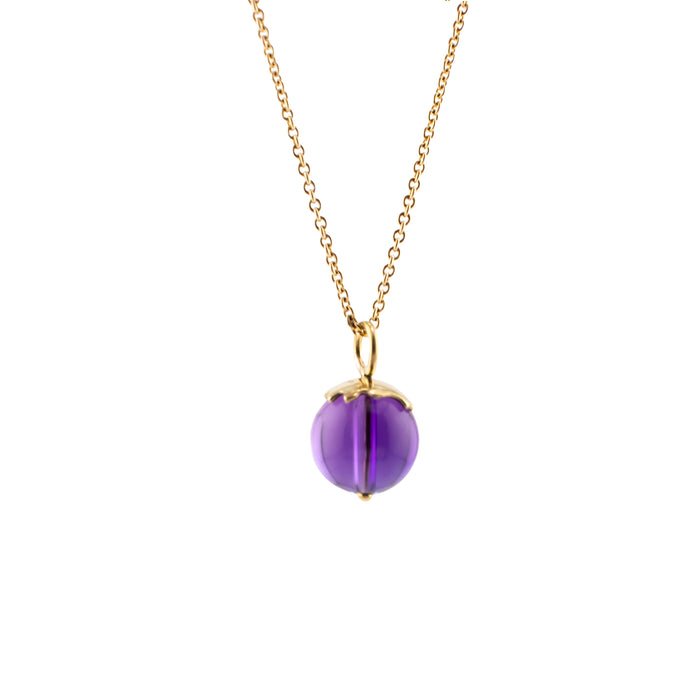 Organic berry necklace with an amethyst ball in 18K yellow gold on an 18-inch cable chain, handmade in San Francisco