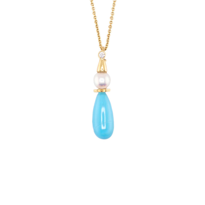 Clown pendant necklace in 18K yellow gold with Sleeping Beauty turquoise, Akoya pearl head, and diamond, on an 18-inch cable chain, handmade in San Francisco