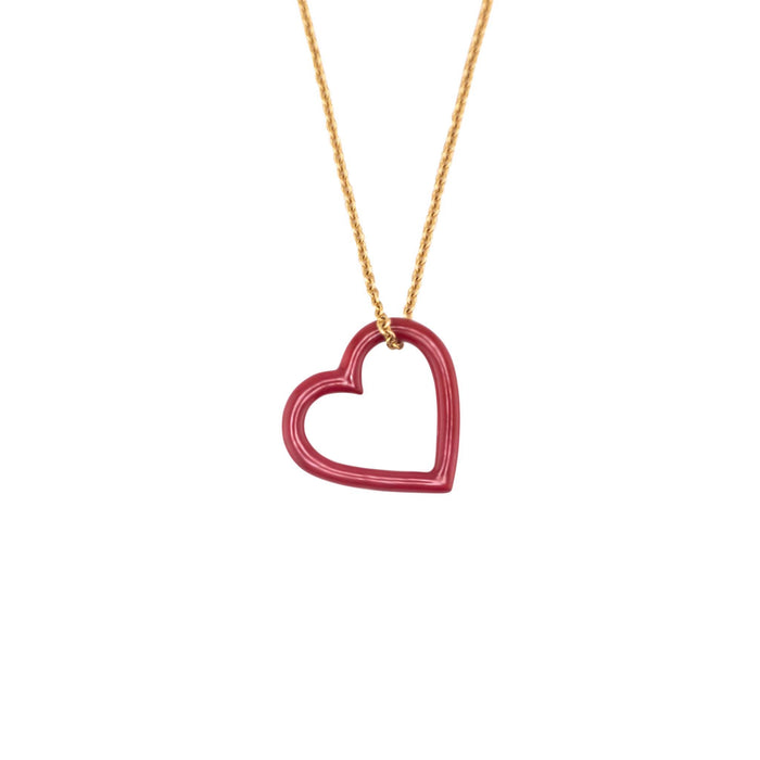 Maroon enamel heart necklace on an 18K yellow gold cable chain, enamel on sterling silver, 18 inches, handmade in San Francisco by Cup and Belle