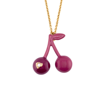 Lush Cherries No. 6 pendant necklace in three-color enamel on sterling silver with 18K yellow gold accents and diamond, suspended on an 18-inch cable chain, handmade in San Francisco