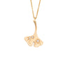 14K gold ginkgo leaf pendant necklace with three bezel-set diamonds, matte finish, on a yellow gold cable chain.