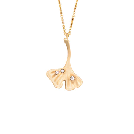14K gold ginkgo leaf pendant necklace with three bezel-set diamonds, matte finish, on a yellow gold cable chain.