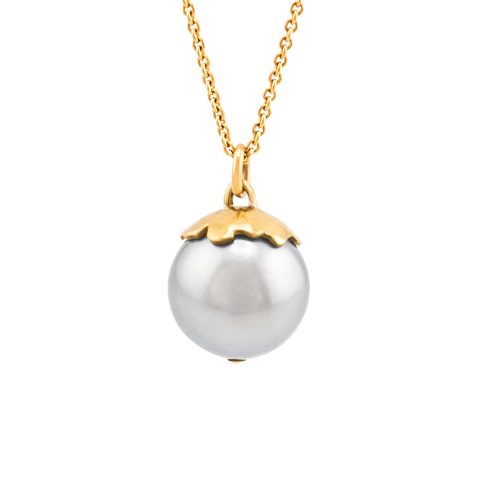 Organic berry pearl necklace with a hand-picked Tahitian pearl ball in 18K yellow gold on an 18-inch cable chain, handmade in San Francisco
