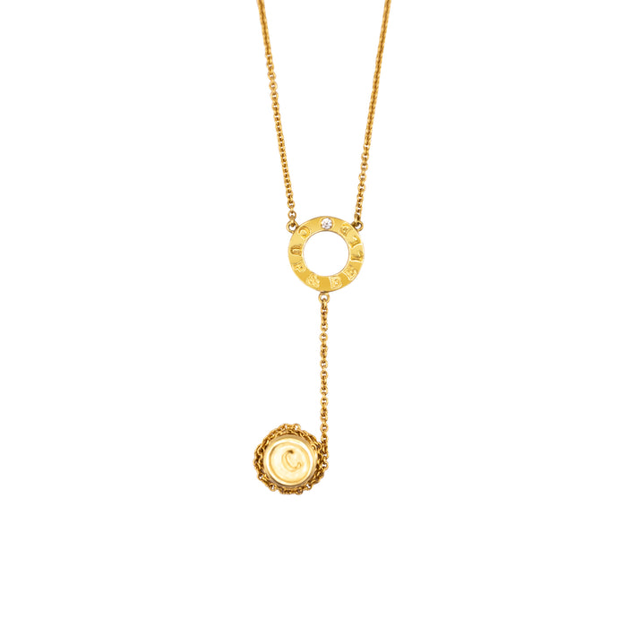 Cup and Belle yoyo necklace in 18K yellow gold lariat style, 18.5 inches with a 6-inch playable yoyo charm, handmade in San Francisco