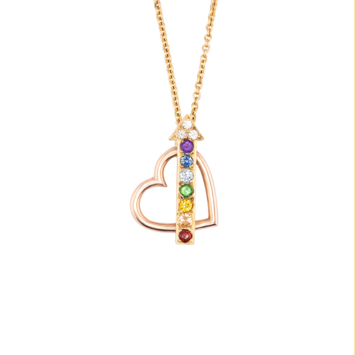Chakra Love pendant necklace in 18K rose and yellow gold with rainbow gemstones including garnet, sapphire, zircon, amethyst, and diamonds, handmade in San Francisco