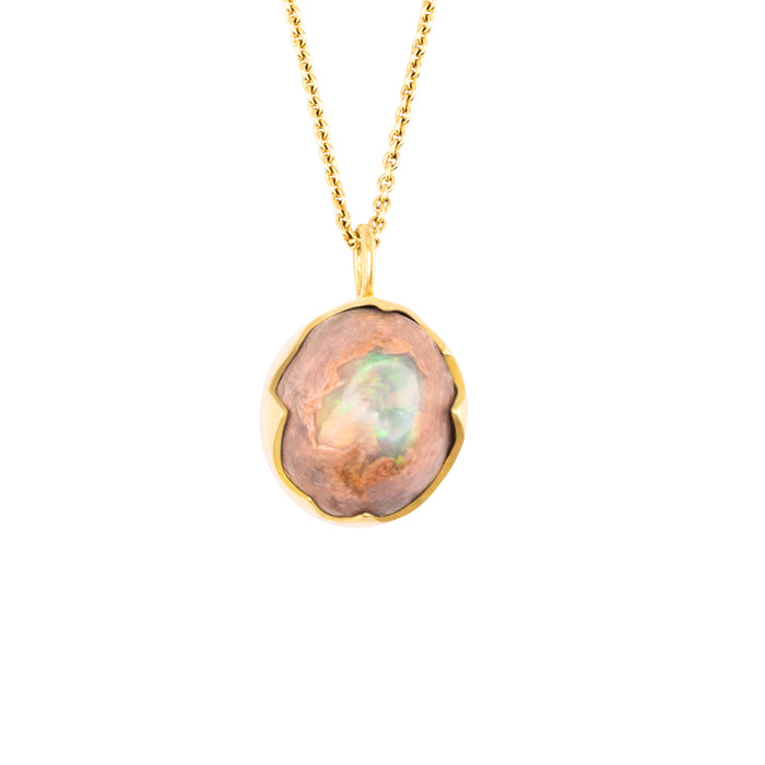 Opal in Matrix No. 2 necklace with a one-of-a-kind egg-shaped opal in an 18K yellow gold custom bezel on an 18-inch cable chain, handmade in San Francisco