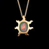 Sun opal necklace with a 2.34-carat Ethiopian opal in a hammered 18K yellow gold sun pendant on an 18-inch cable chain, handmade in San Francisco